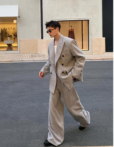 Cui Double-Breasted Peak Lapel Blazer & Wide Trousers Set-korean-fashion-Clothing Set-Cui's Closet-OH Garments