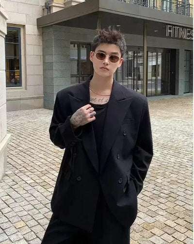 Cui Double-Breasted Peak Lapel Blazer & Wide Trousers Set-korean-fashion-Clothing Set-Cui's Closet-OH Garments