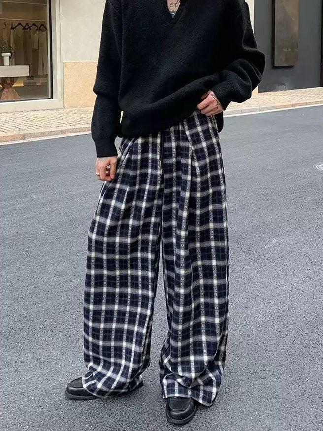 Cui Drawcord Check Wide Pants-korean-fashion-Pants-Cui's Closet-OH Garments