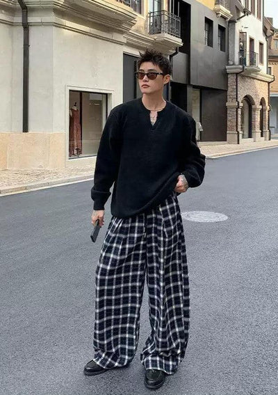Cui Drawcord Check Wide Pants-korean-fashion-Pants-Cui's Closet-OH Garments