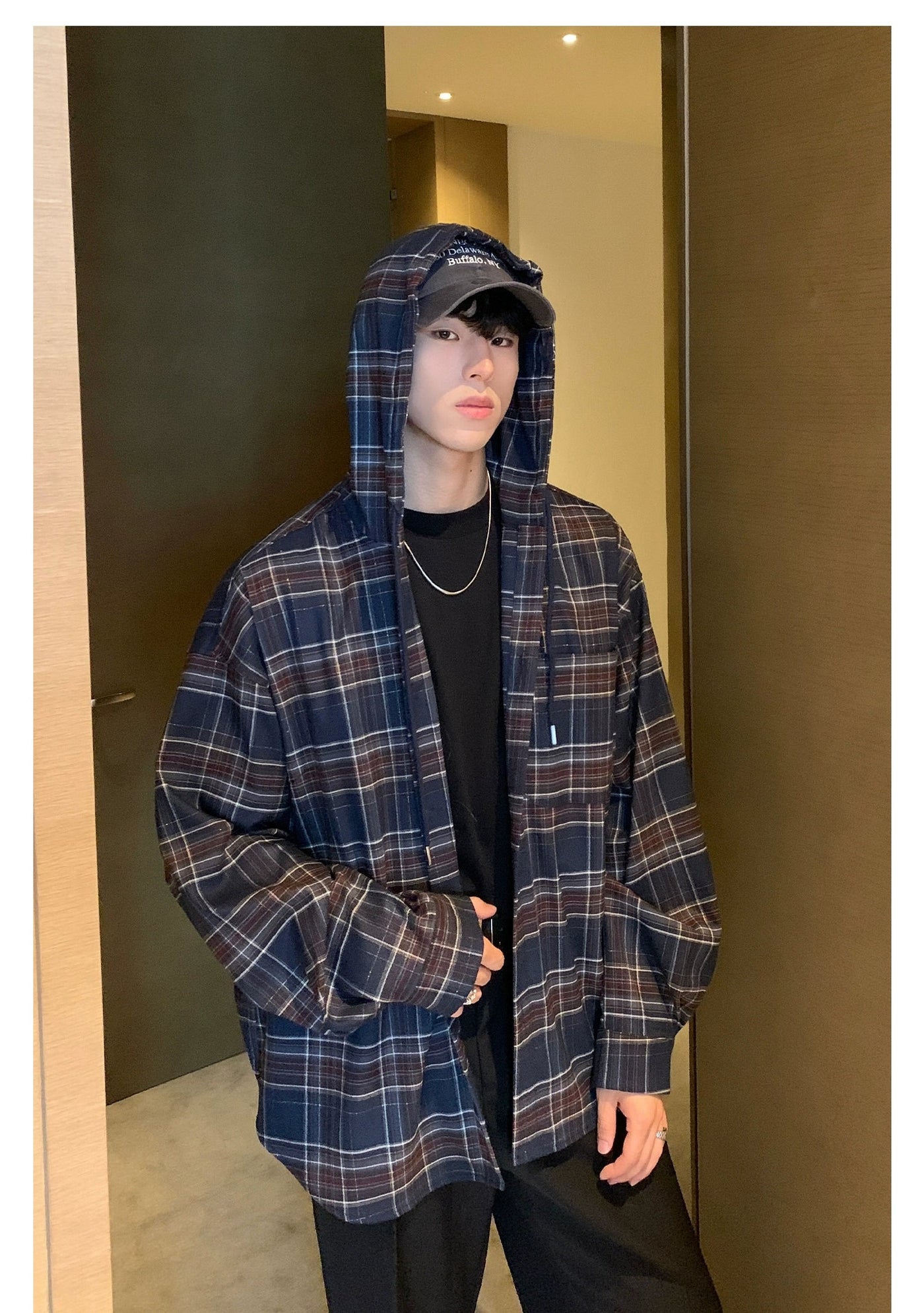 Cui Drawstring Plaid Hooded Shirt-korean-fashion-Shirt-Cui's Closet-OH Garments