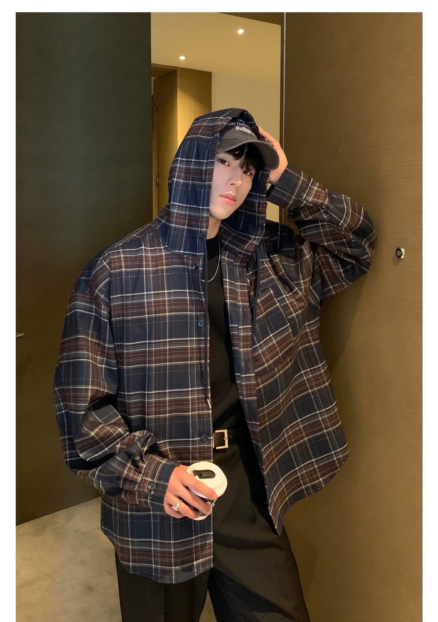 Cui Drawstring Plaid Hooded Shirt-korean-fashion-Shirt-Cui's Closet-OH Garments