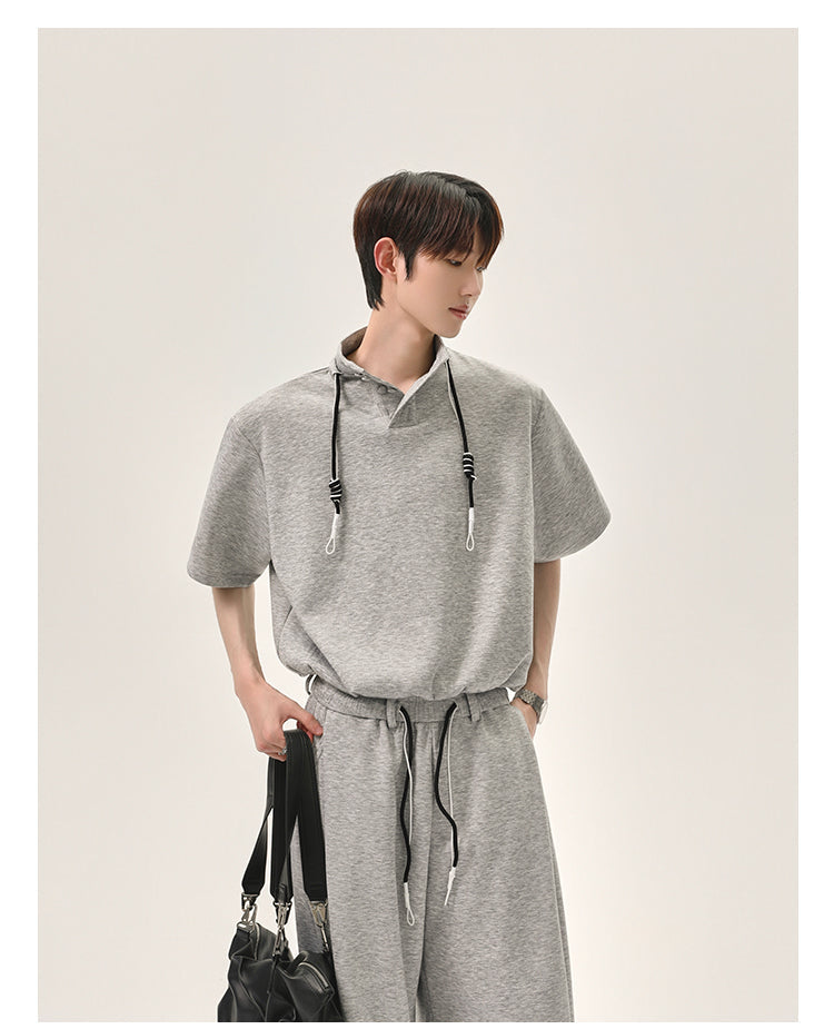 Cui Drawstring Stand Collar T-Shirt & Loose Sweatpants Set-korean-fashion-Clothing Set-Cui's Closet-OH Garments