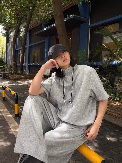 Cui Drawstring Stand Collar T-Shirt & Loose Sweatpants Set-korean-fashion-Clothing Set-Cui's Closet-OH Garments