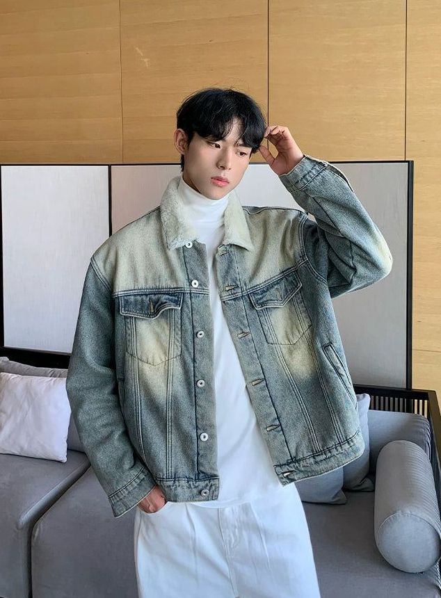 Cui Fleece Collar Faded Denim Jacket-korean-fashion-Jacket-Cui's Closet-OH Garments