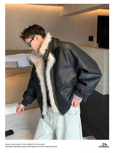 Cui Fur-Trim PU Leather Jacket-korean-fashion-Jacket-Cui's Closet-OH Garments