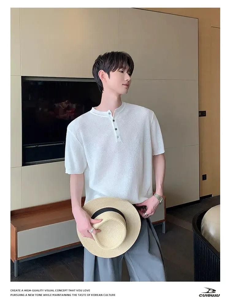 Cui Henley Collar Sheer Knit T-Shirt-korean-fashion-T-Shirt-Cui's Closet-OH Garments