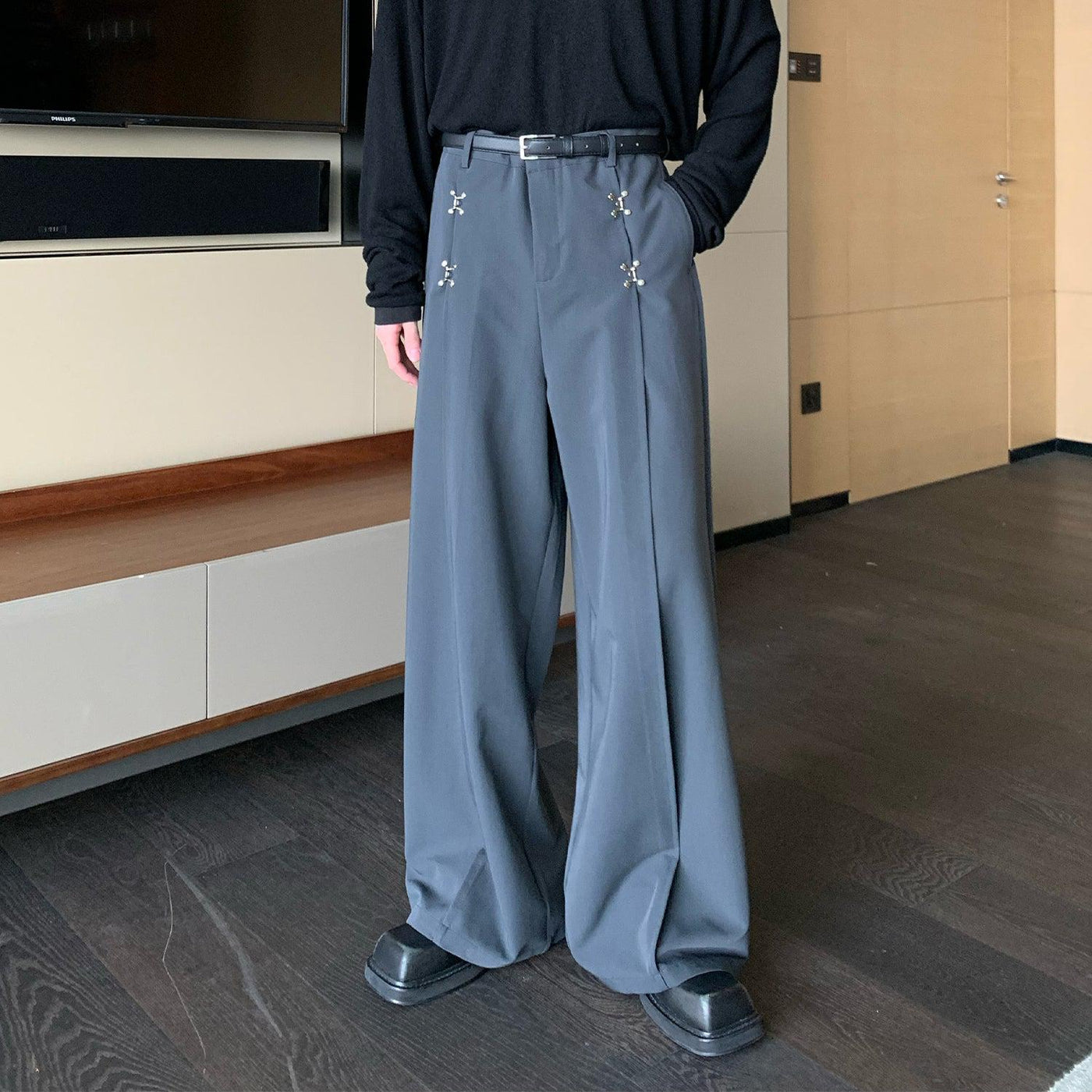 Cui Metal Accent Wide Leg Pleated Pants-korean-fashion-Pants-Cui's Closet-OH Garments