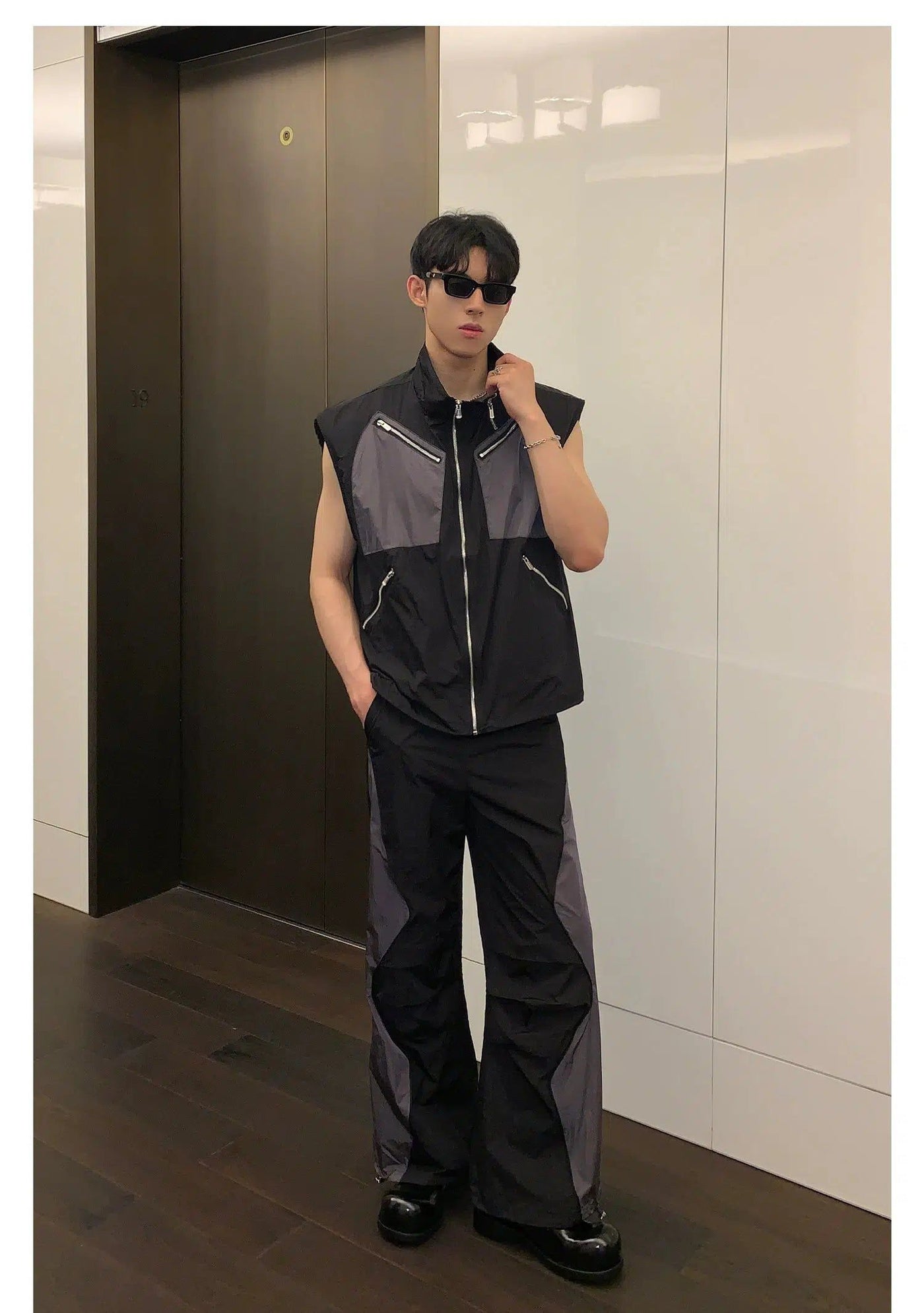 Cui Multi-Zipper Contrast Color Vest & Track Pants Set-korean-fashion-Clothing Set-Cui's Closet-OH Garments