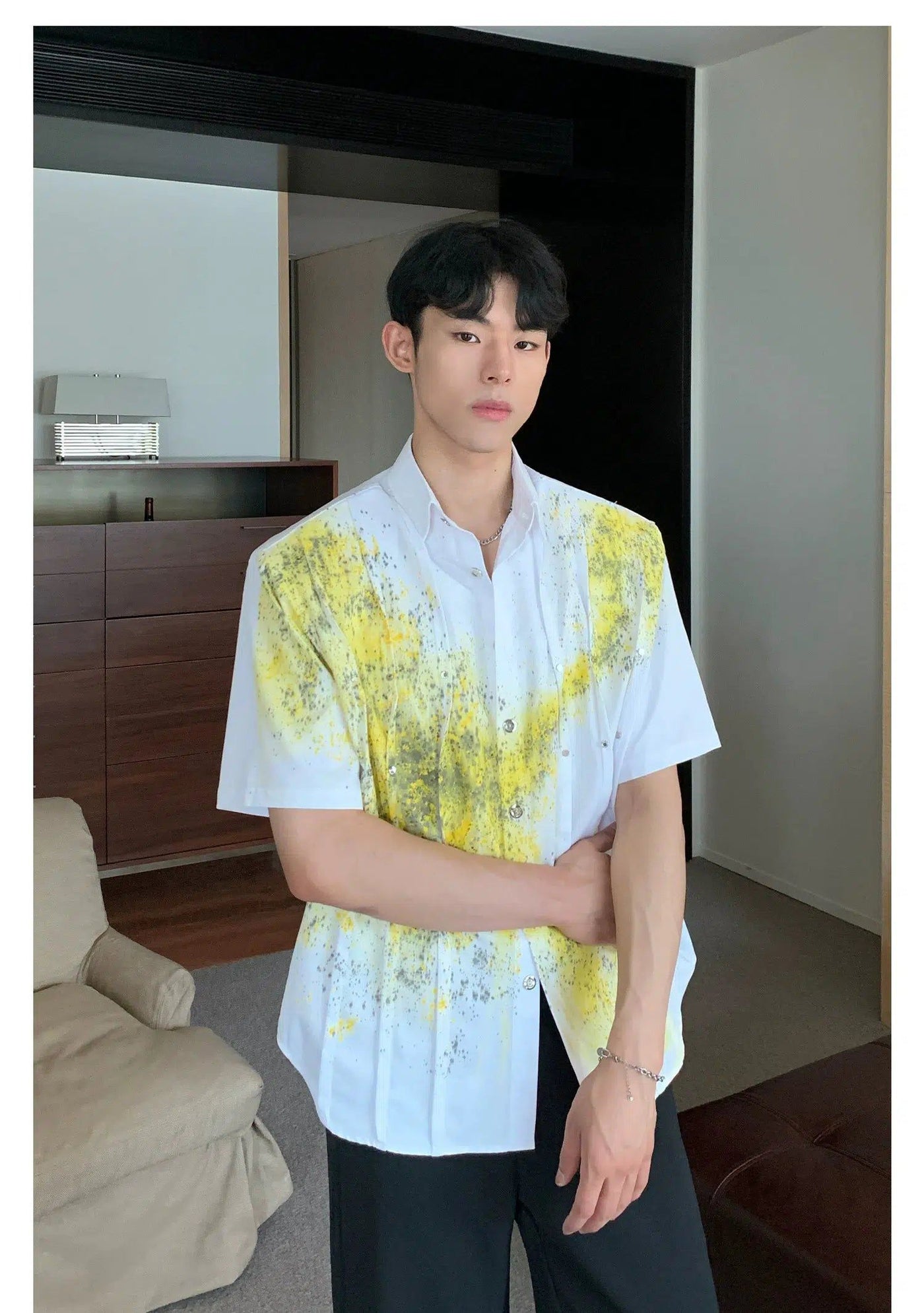 Cui Paint Splashed Rivet Pleats Shirt-korean-fashion-Shirt-Cui's Closet-OH Garments