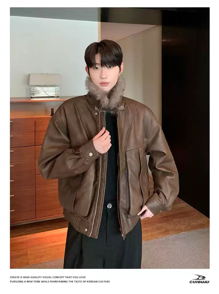 Cui Plushy Lapel PU Leather Jacket-korean-fashion-Jacket-Cui's Closet-OH Garments