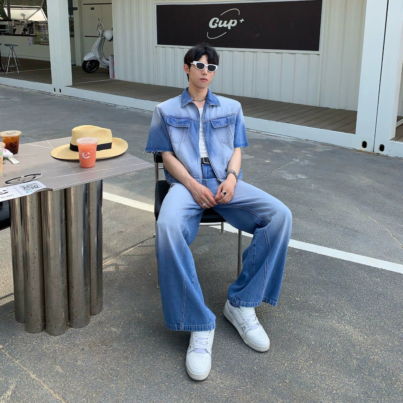 Cui Raw Edge Denim Shirt & Jeans Set-korean-fashion-Clothing Set-Cui's Closet-OH Garments