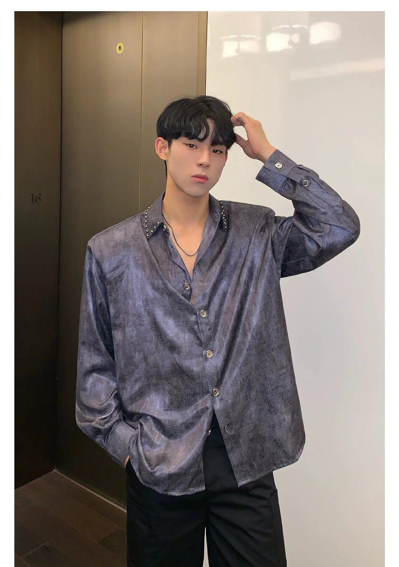 Cui Shiny Metallic Textured Shirt-korean-fashion-Shirt-Cui's Closet-OH Garments