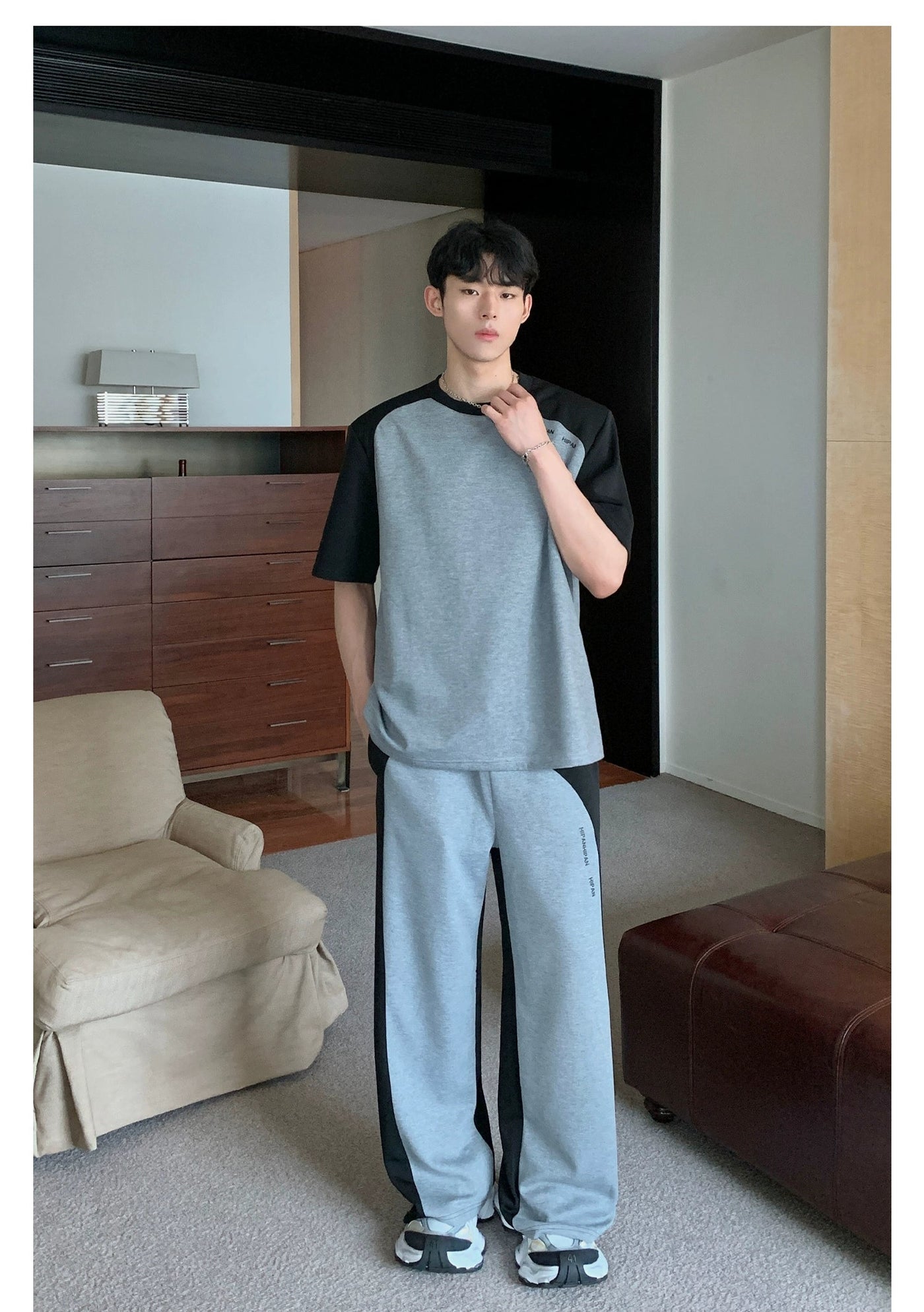 Cui Shoulder Pad Contrast T-Shirt & Sweatpants Set-korean-fashion-Clothing Set-Cui's Closet-OH Garments