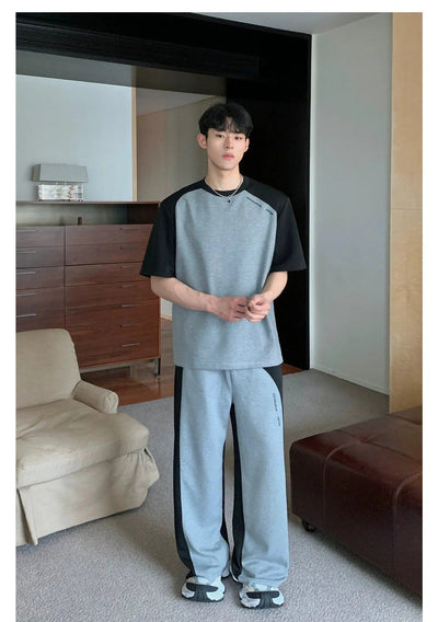 Cui Shoulder Pad Contrast T-Shirt & Sweatpants Set-korean-fashion-Clothing Set-Cui's Closet-OH Garments