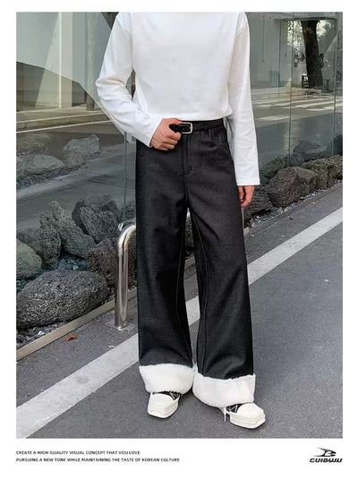 Cui Spliced Plush Hem Straight Pants-korean-fashion-Pants-Cui's Closet-OH Garments