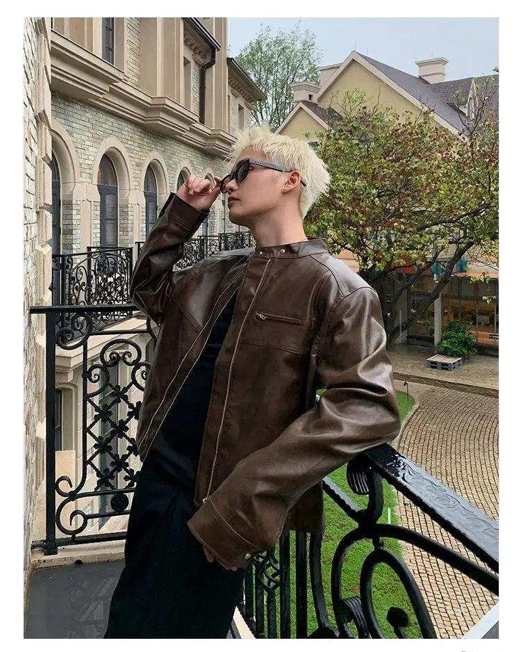 Cui Stand Collar PU Leather Zipped Jacket-korean-fashion-Jacket-Cui's Closet-OH Garments