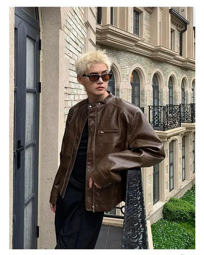 Cui Stand Collar PU Leather Zipped Jacket-korean-fashion-Jacket-Cui's Closet-OH Garments