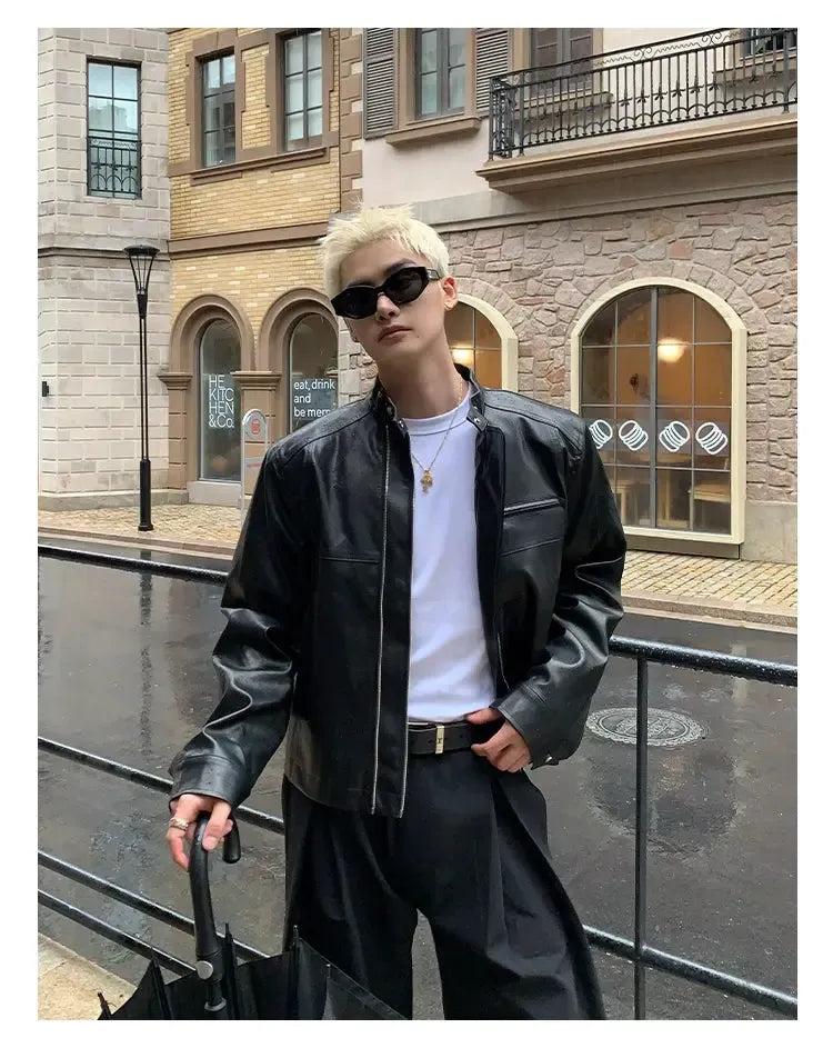 Cui Stand Collar PU Leather Zipped Jacket-korean-fashion-Jacket-Cui's Closet-OH Garments