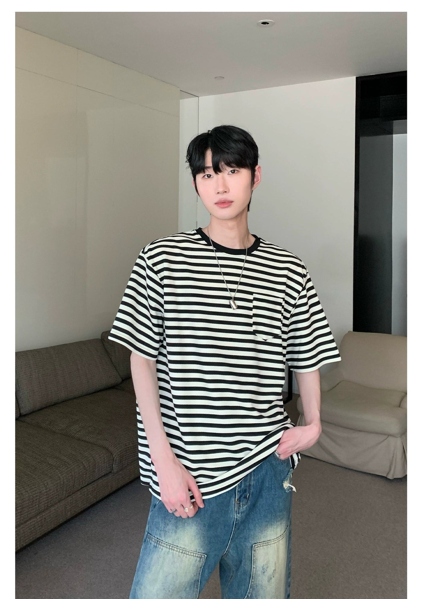 Cui Striped Front Pocket T-Shirt-korean-fashion-T-Shirt-Cui's Closet-OH Garments