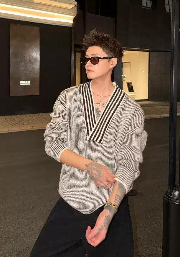 Cui Striped Line V-Neck Sweater-korean-fashion-Sweater-Cui's Closet-OH Garments