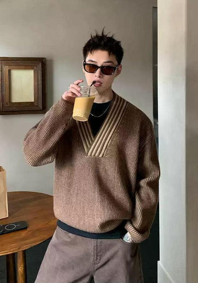 Cui Striped Line V-Neck Sweater-korean-fashion-Sweater-Cui's Closet-OH Garments