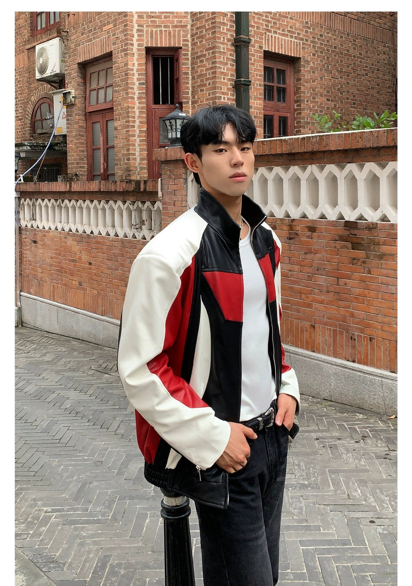 Cui Structured & Contrast Spliced Moto PU Jacket-korean-fashion-Jacket-Cui's Closet-OH Garments