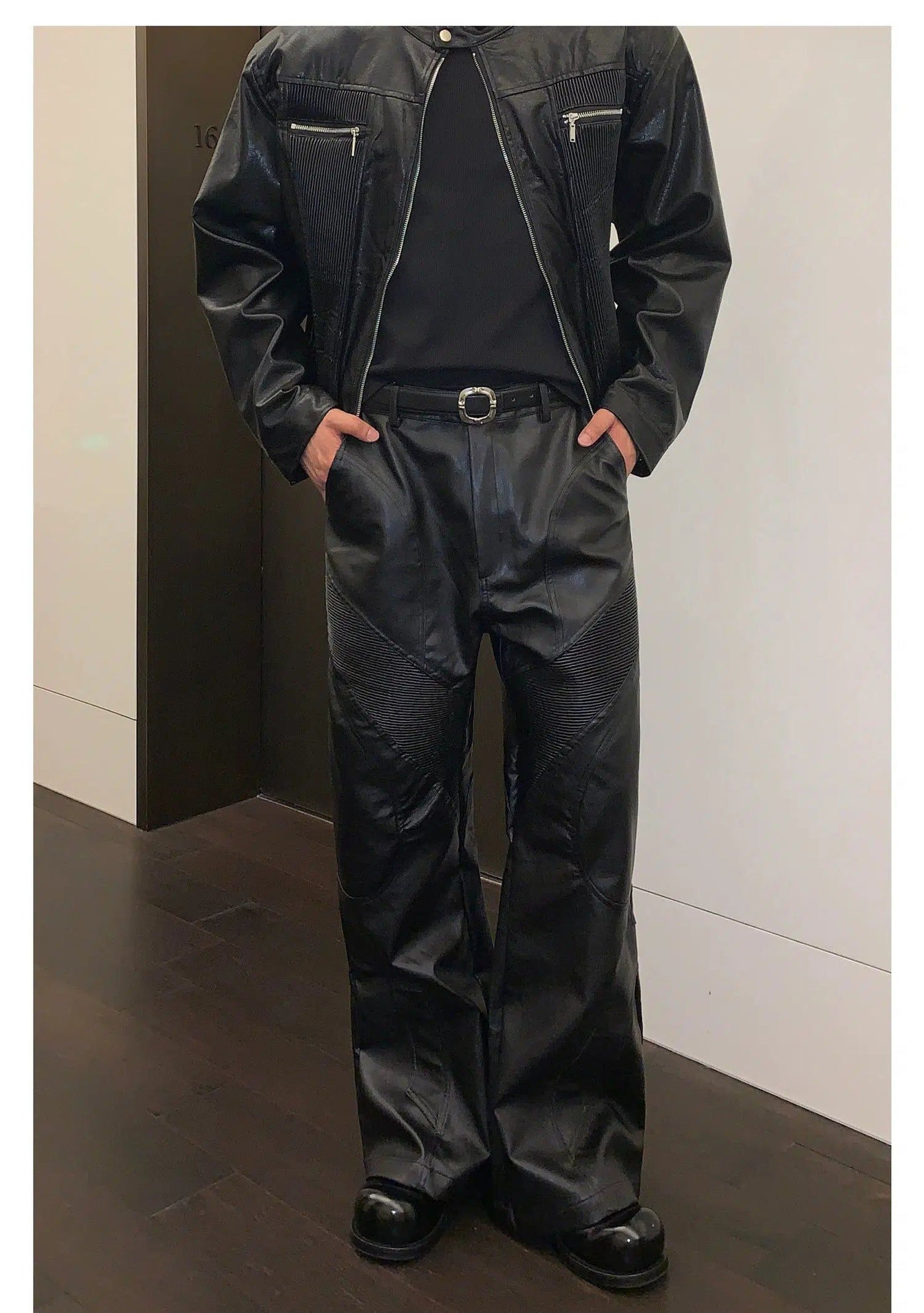 Cui Structured & Pleated PU Leather Jacket & Pants Set-korean-fashion-Clothing Set-Cui's Closet-OH Garments