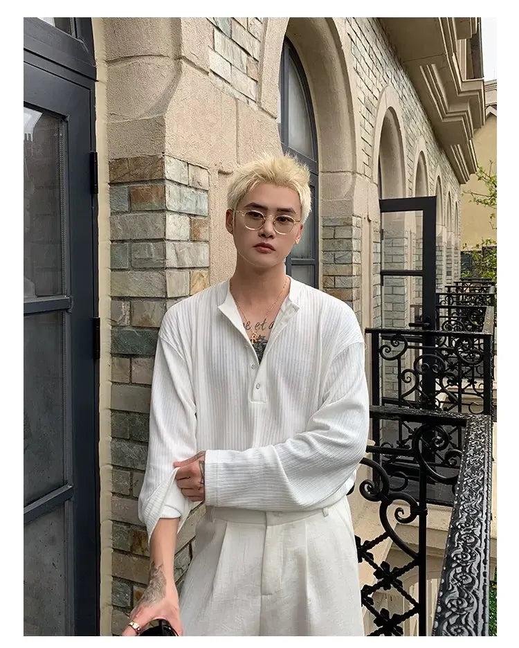 Cui Textured Henley Collar T-Shirt-korean-fashion-T-Shirt-Cui's Closet-OH Garments
