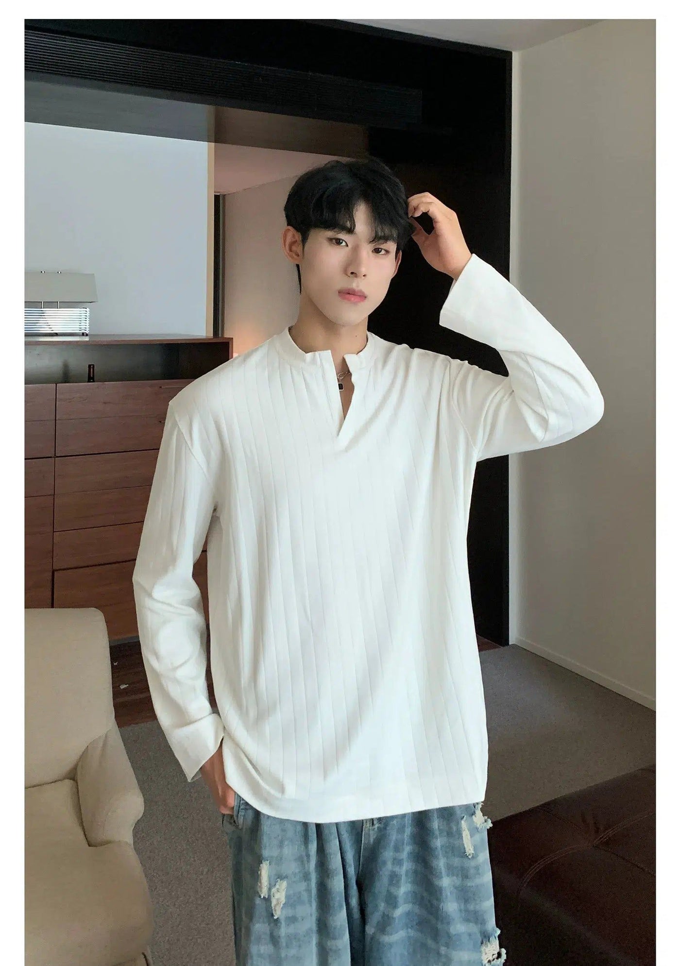 Cui Vertical Striped V-Neck Long Sleeve T-Shirt-korean-fashion-T-Shirt-Cui's Closet-OH Garments