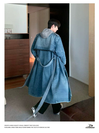 Cui Washed Belt Strap Denim Long Coat-korean-fashion-Long Coat-Cui's Closet-OH Garments