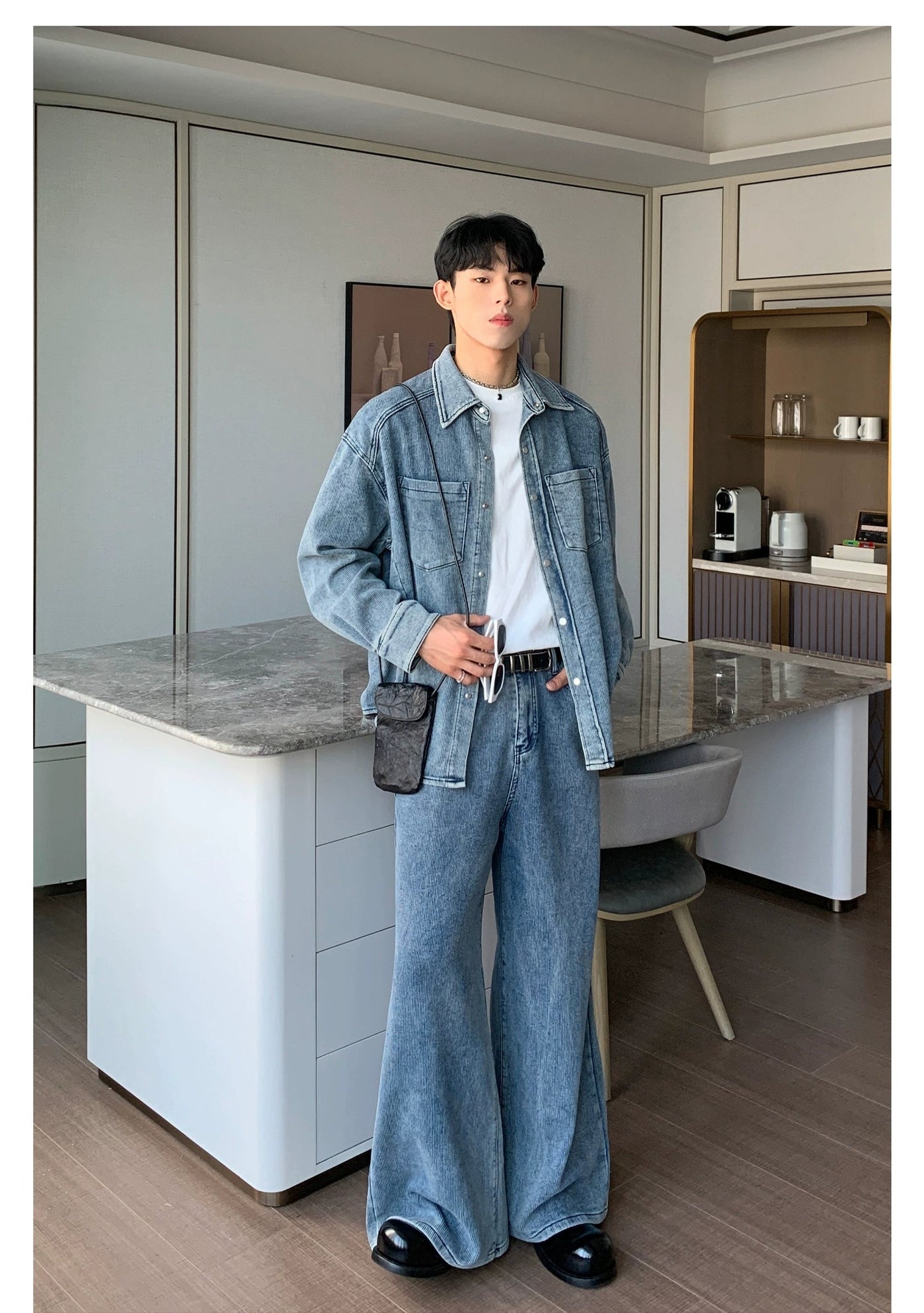 Cui Washed Line Textured Denim Jacket & Wide Jeans Set-korean-fashion-Clothing Set-Cui's Closet-OH Garments