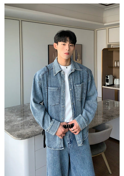 Cui Washed Line Textured Denim Jacket & Wide Jeans Set-korean-fashion-Clothing Set-Cui's Closet-OH Garments