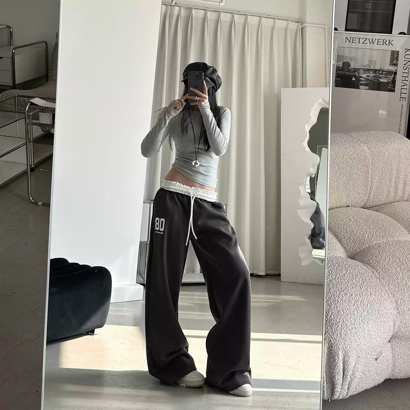 DQ Contrast Fold Waist Sports Sweatpants-korean-fashion-Pants-DQ's Closet-OH Garments