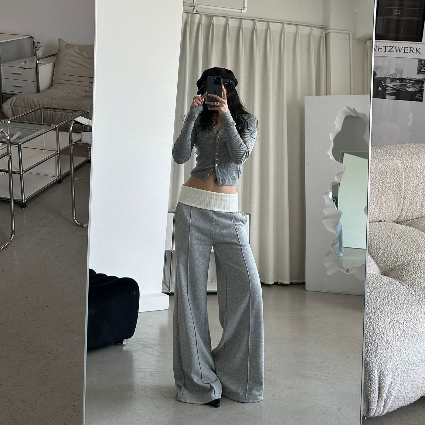 DQ Contrast Waist Wide Leg Pants-korean-fashion-Pants-DQ's Closet-OH Garments