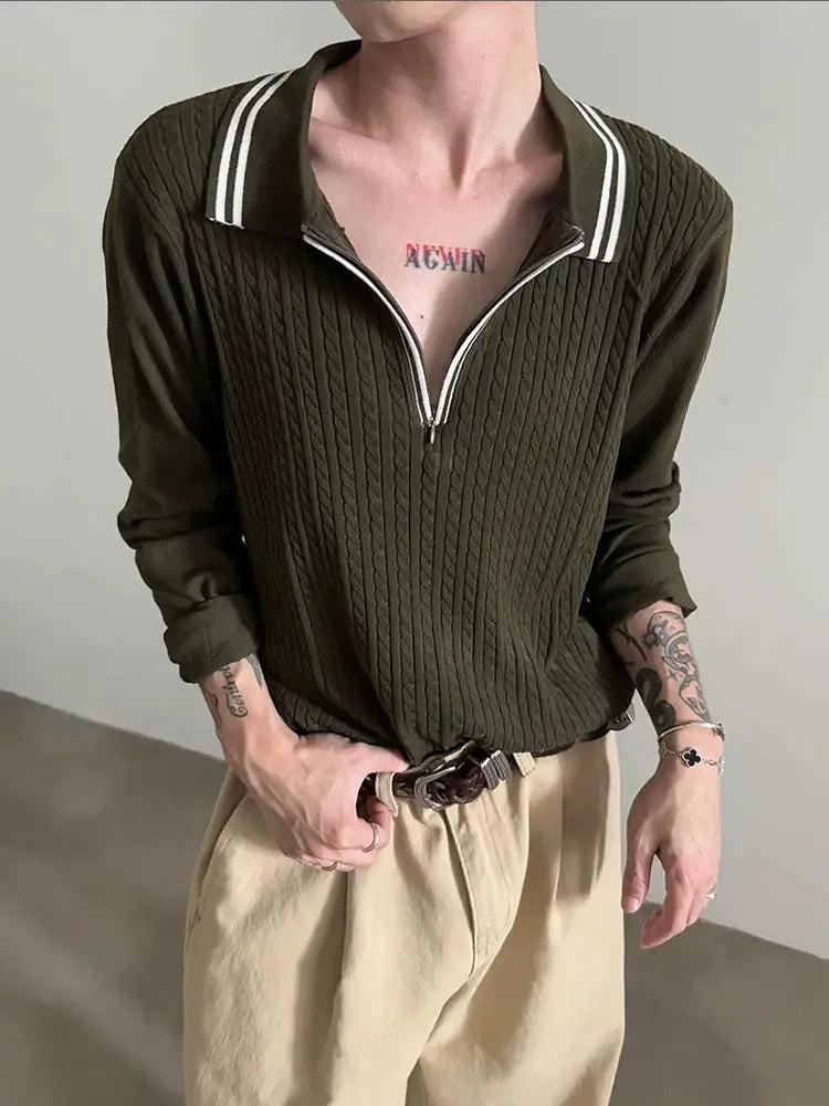 Gen Contrast Cable Knit Half-Zip-korean-fashion-Half-Zip-Gen's Closet-OH Garments
