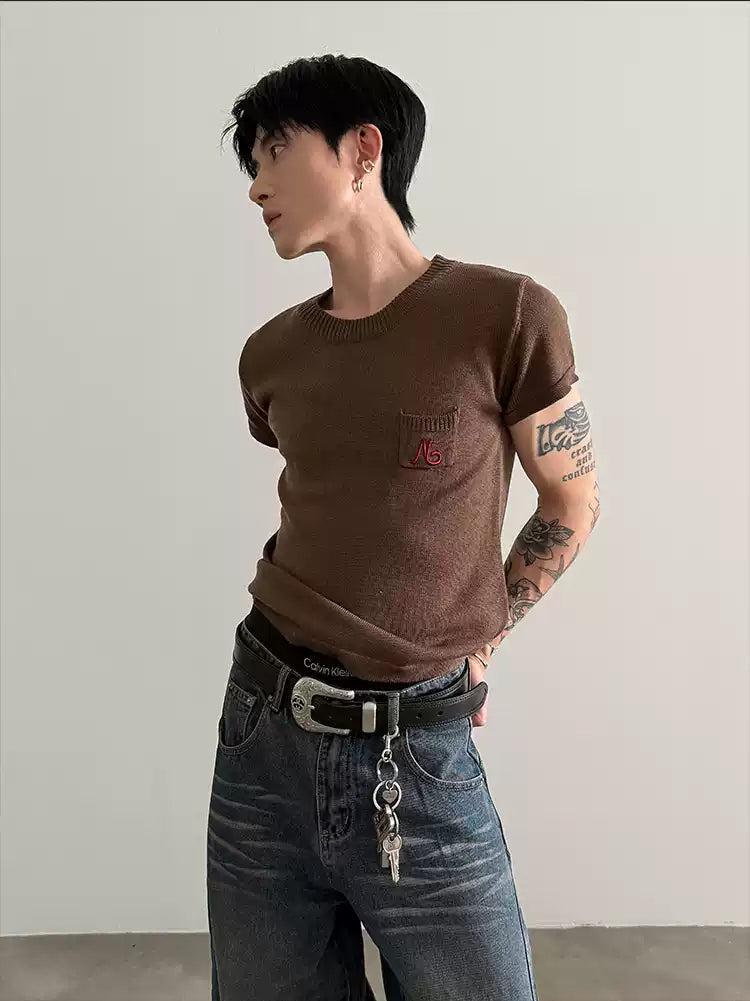 Gen Contrast Embroidery Knitted T-Shirt-korean-fashion-T-Shirt-Gen's Closet-OH Garments