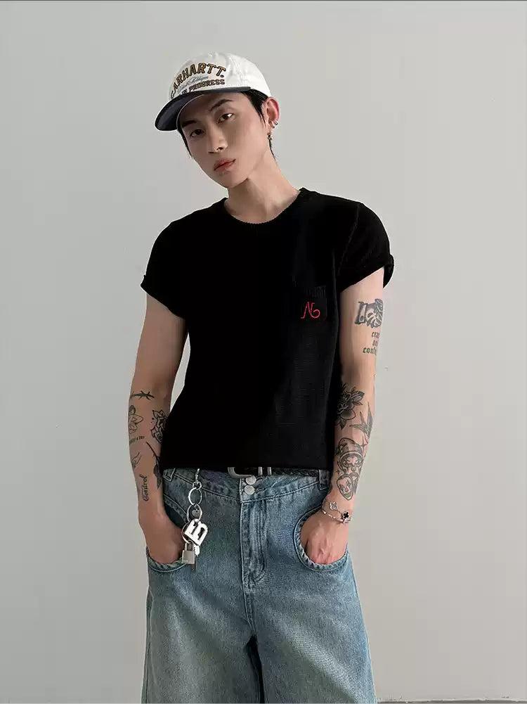 Gen Contrast Embroidery Knitted T-Shirt-korean-fashion-T-Shirt-Gen's Closet-OH Garments