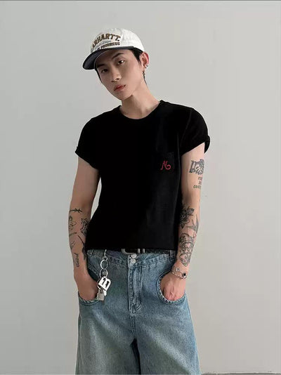 Gen Contrast Embroidery Knitted T-Shirt-korean-fashion-T-Shirt-Gen's Closet-OH Garments