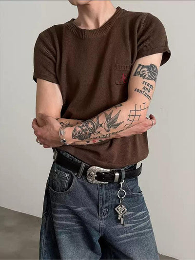 Gen Contrast Embroidery Knitted T-Shirt-korean-fashion-T-Shirt-Gen's Closet-OH Garments