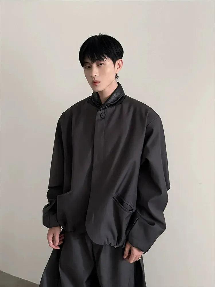 Gen Faux Leather Collar Drawstring Hem Jacket-korean-fashion-Jacket-Gen's Closet-OH Garments