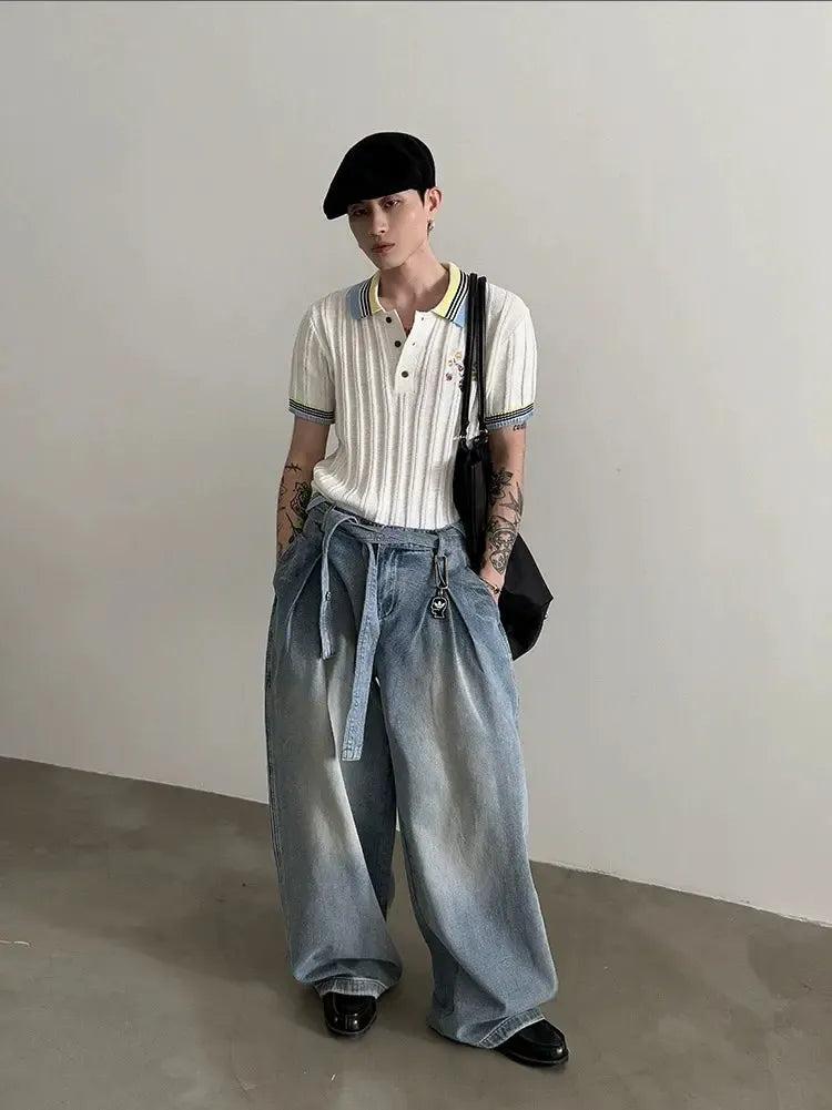 Gen Mud-Dyed Belt Strap Wide Jeans-korean-fashion-Jeans-Gen's Closet-OH Garments