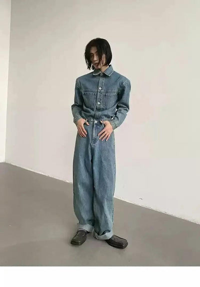 Gen Short Sleeve Denim Jumpsuit-korean-fashion-Jumpsuit-Gen's Closet-OH Garments
