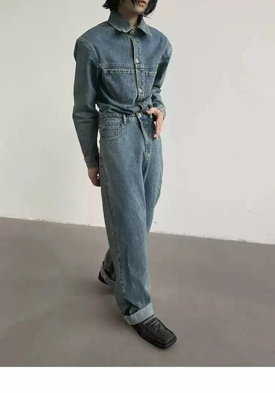 Gen Short Sleeve Denim Jumpsuit-korean-fashion-Jumpsuit-Gen's Closet-OH Garments