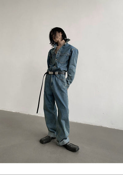 Gen Short Sleeve Denim Jumpsuit-korean-fashion-Jumpsuit-Gen's Closet-OH Garments