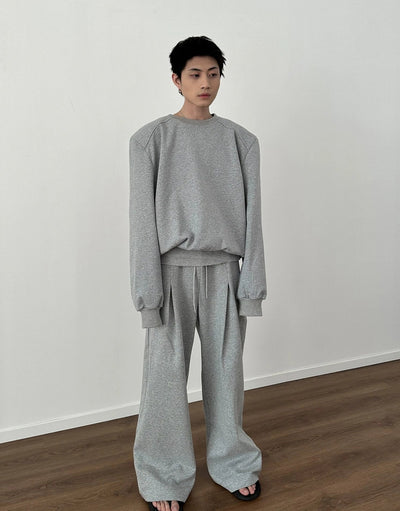 Gen Solid Shoulder Pad Crewneck & Pleated Wide Sweatpants Set-korean-fashion-Clothing Set-Gen's Closet-OH Garments