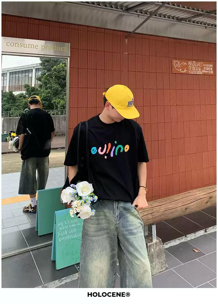 Holo Colored Text Print T-Shirt-korean-fashion-T-Shirt-Holo's Closet-OH Garments