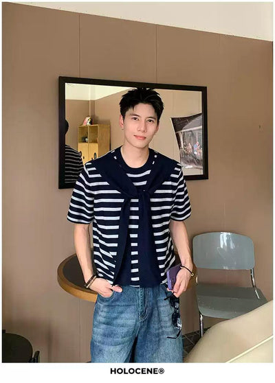 Holo Scarf Layered Stripe Knit T-Shirt-korean-fashion-T-Shirt-Holo's Closet-OH Garments