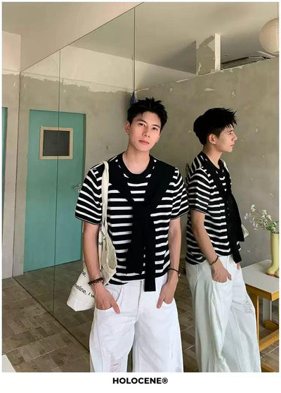 Holo Scarf Layered Stripe Knit T-Shirt-korean-fashion-T-Shirt-Holo's Closet-OH Garments