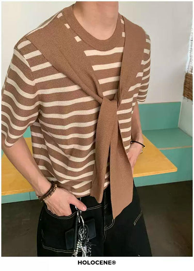Holo Scarf Layered Stripe Knit T-Shirt-korean-fashion-T-Shirt-Holo's Closet-OH Garments